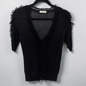 Nina Ricci Black silk & wool blend short sleeve sweater w/ Fringe detail Sz M